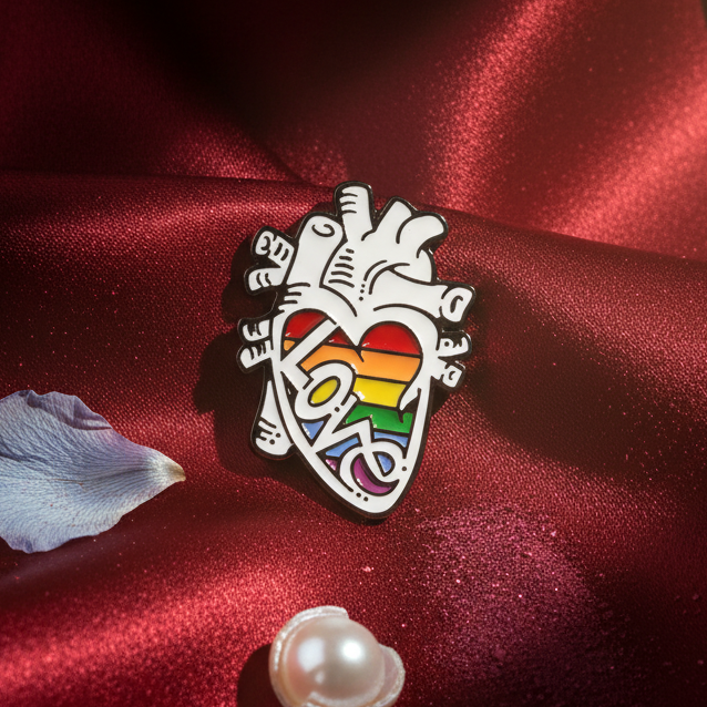 Rainbow love heart enamel pin on burgundy satin with a rose petal and pearl