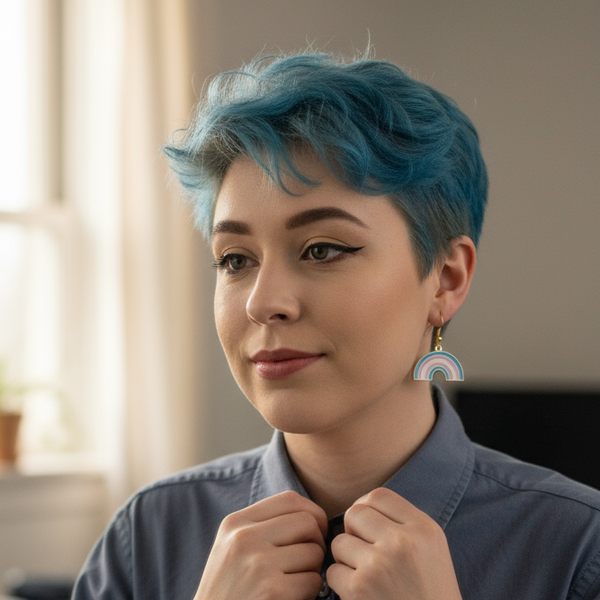 Person wearing a rainbow arch earring with pastel blue, pink and white stripes