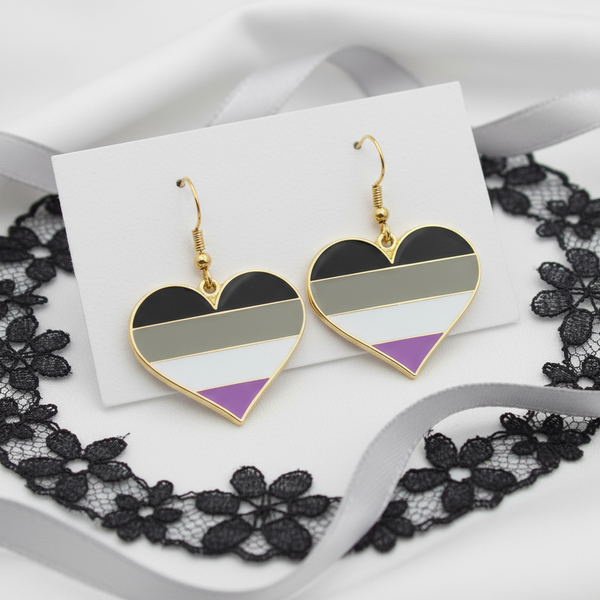 Asexual pride heart earrings with black, gray, white, and purple enamel stripes