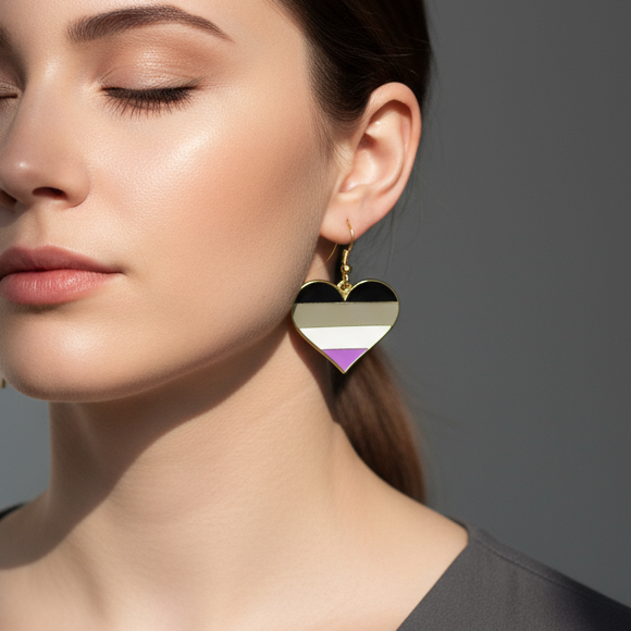 Asexual pride heart earring with black, gray, white, and purple stripes worn by a model