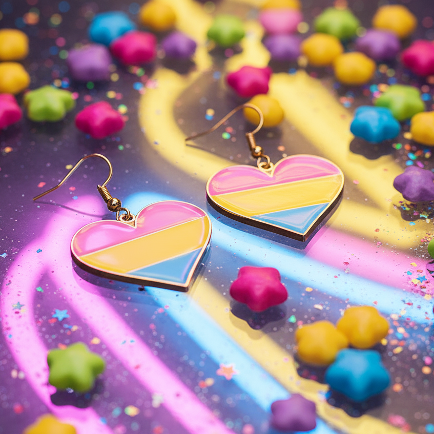 Pansexual pride heart earrings with pink, yellow, and blue stripes on a colorful confetti background