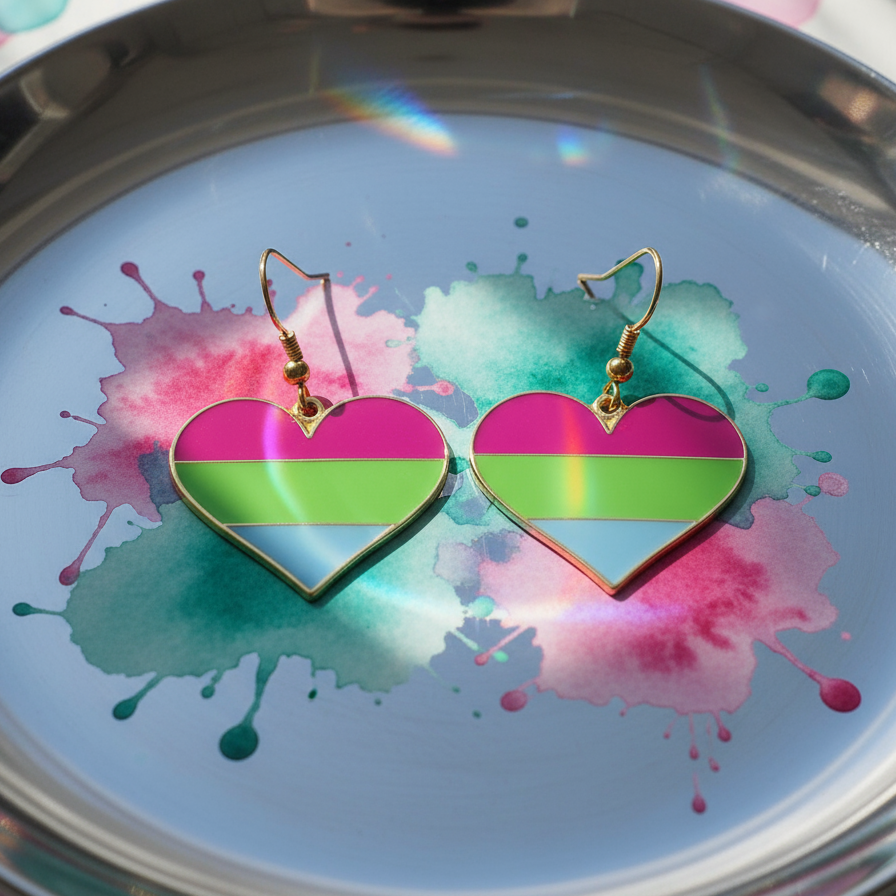 Polysexual pride heart earrings with pink, green and blue horizontal stripes on a colorful paint-splatter dish