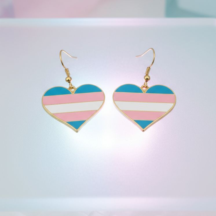 Transgender pride heart-shaped drop earrings with pink, blue, and white stripes
