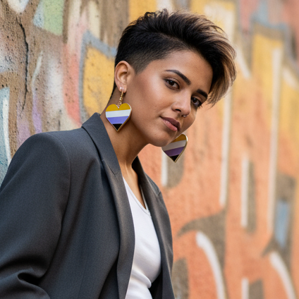 Non-binary pride heart earrings worn by a person against a colorful graffiti wall