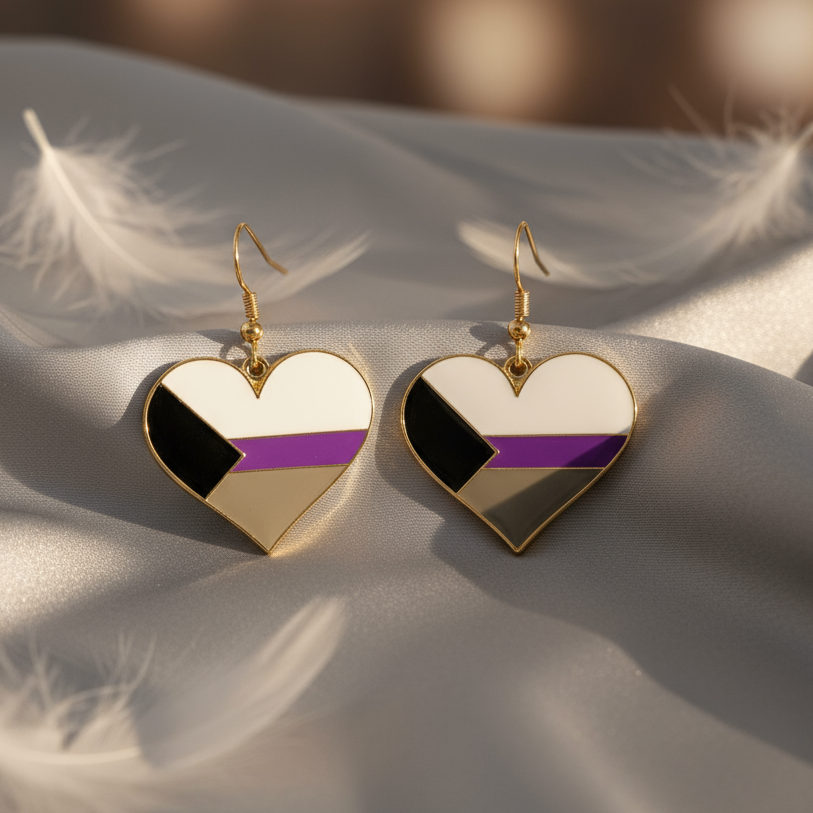 Demisexual pride heart drop earrings with black, white, purple, and gray enamel stripes