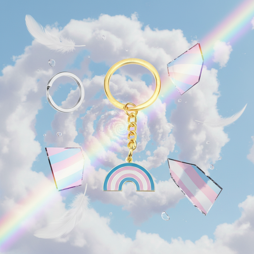 Trans pride rainbow keychain with a gold ring and rainbow arch charm against a sky background