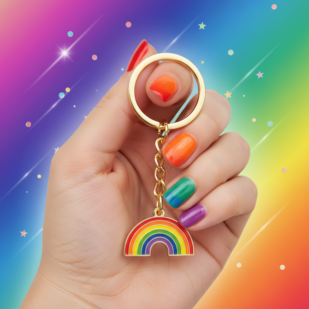 Hand holding a rainbow Pride enamel keychain with gold ring and chain