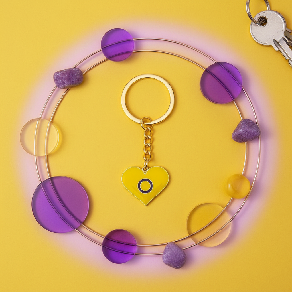 Close-up of an intersex pride heart keychain with purple, yellow, and lavender beads