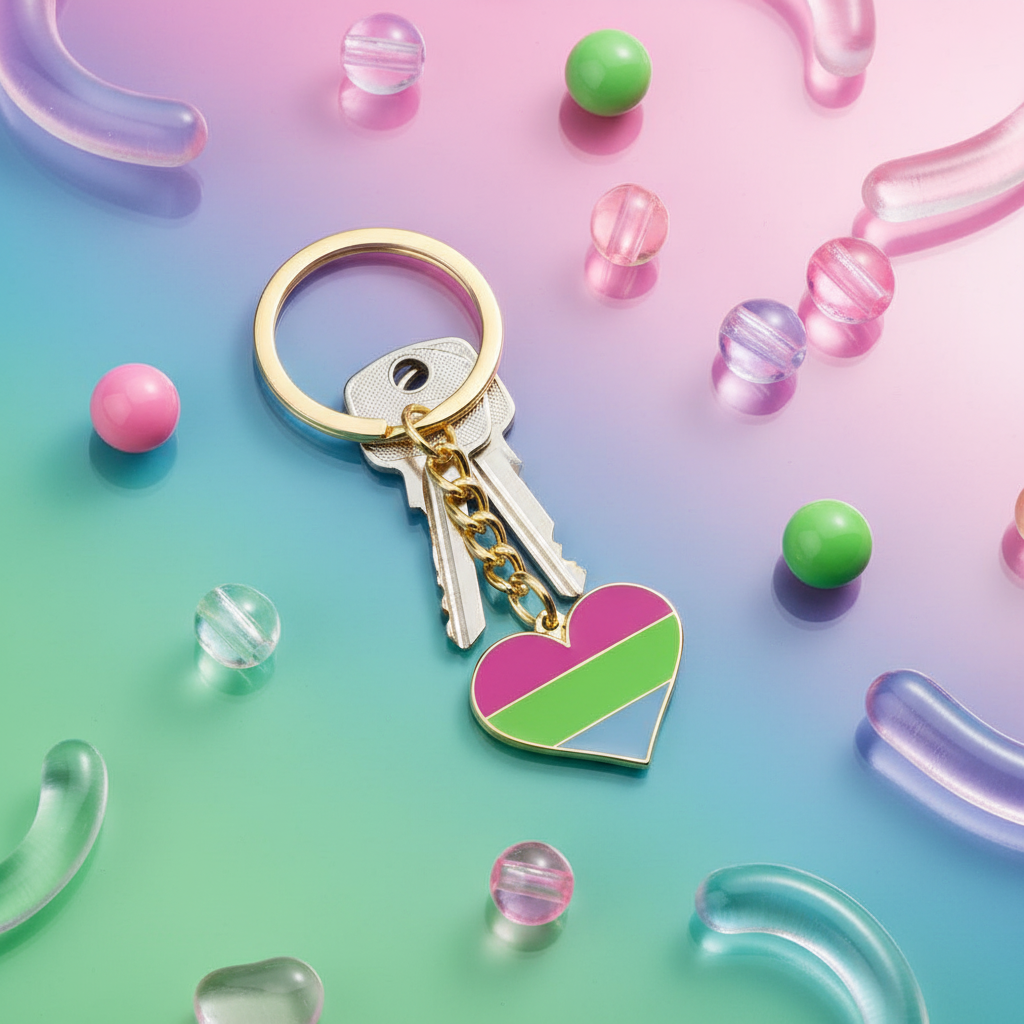 Polysexual pride heart keychain with gold ring and two silver keys on a colorful pastel background