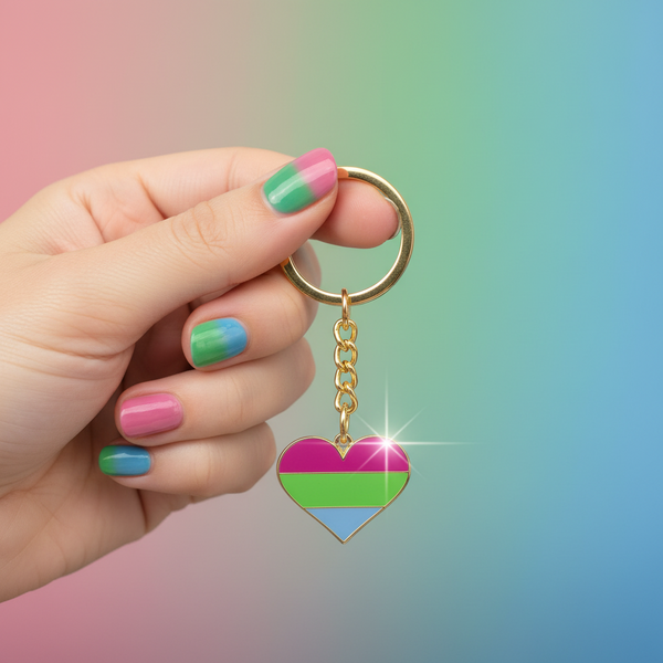 Polysexual pride heart keychain with pink, green, and blue stripes, held by a hand