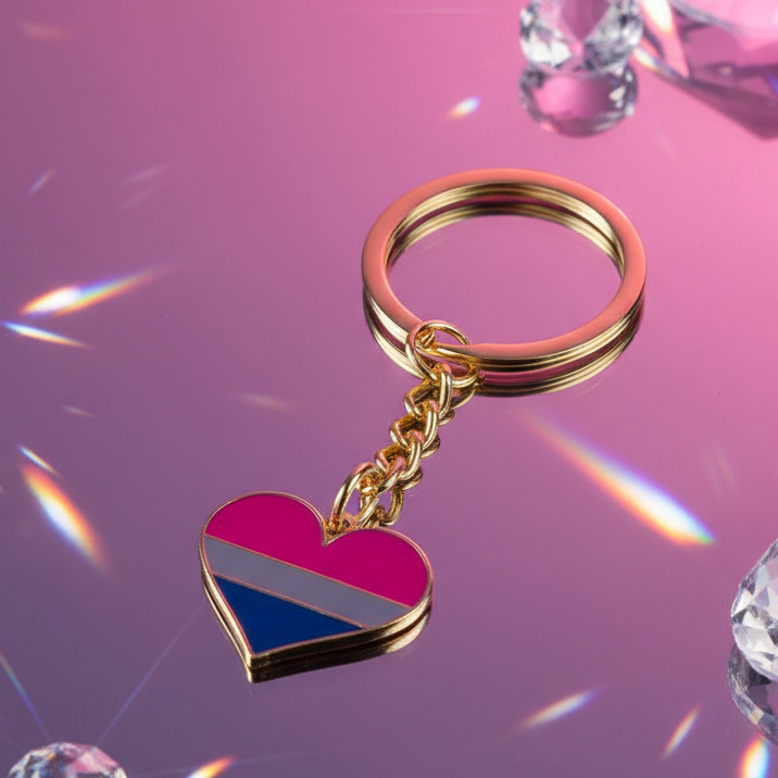 Bisexual pride heart keychain with pink, purple, and blue stripes on a reflective surface
