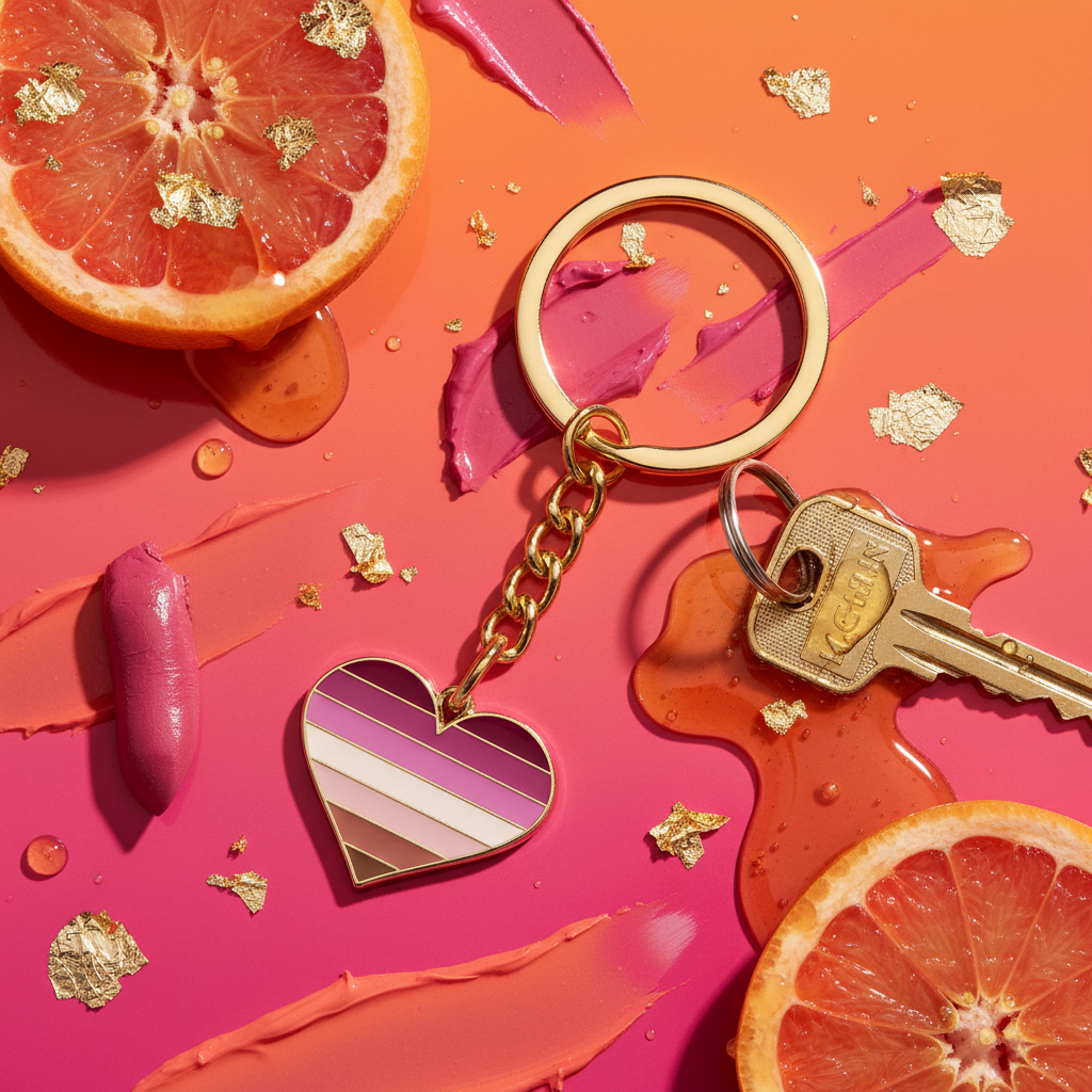 Close-up of a lesbian pride heart keychain beside keys on a colorful painted surface