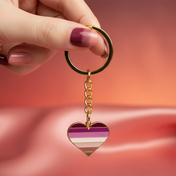 Lesbian pride heart keychain with gold-tone ring and striped enamel heart, held by a hand