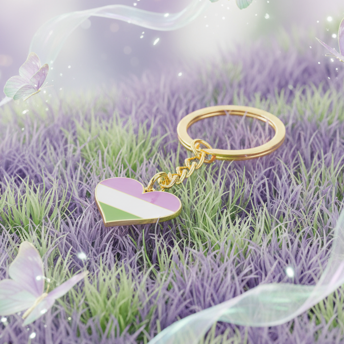 Genderqueer pride heart keychain with gold ring on lavender and green grass