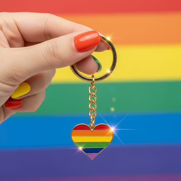 Hand holding a rainbow Pride heart keychain with gold ring and chain