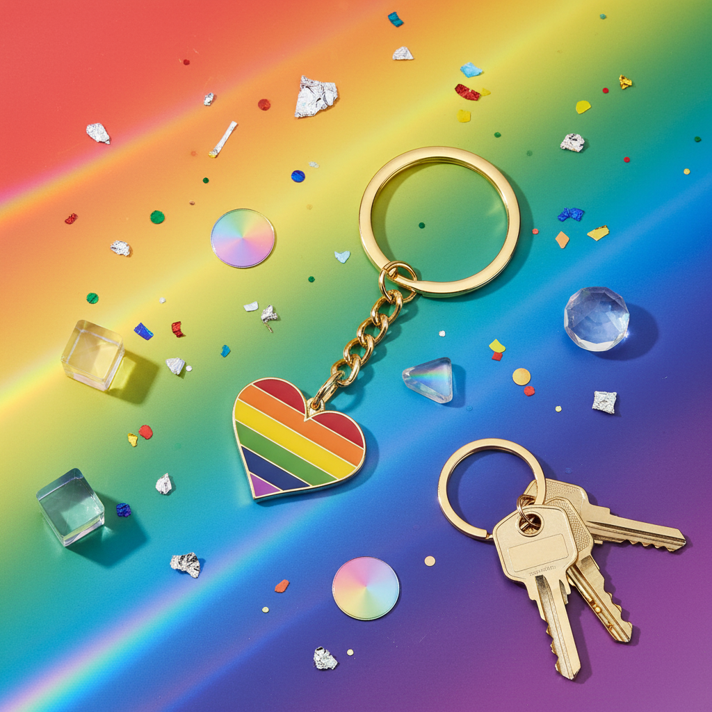 Rainbow heart LGBT Pride keychain beside keys on a colorful rainbow background
