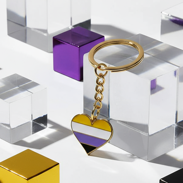 Close-up of a gold non-binary pride heart keychain with striped enamel charm