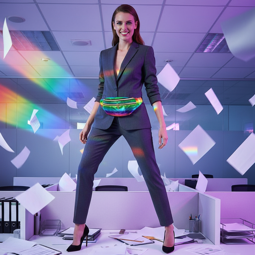 Rainbow-striped fanny pack worn over a dark business suit in an office