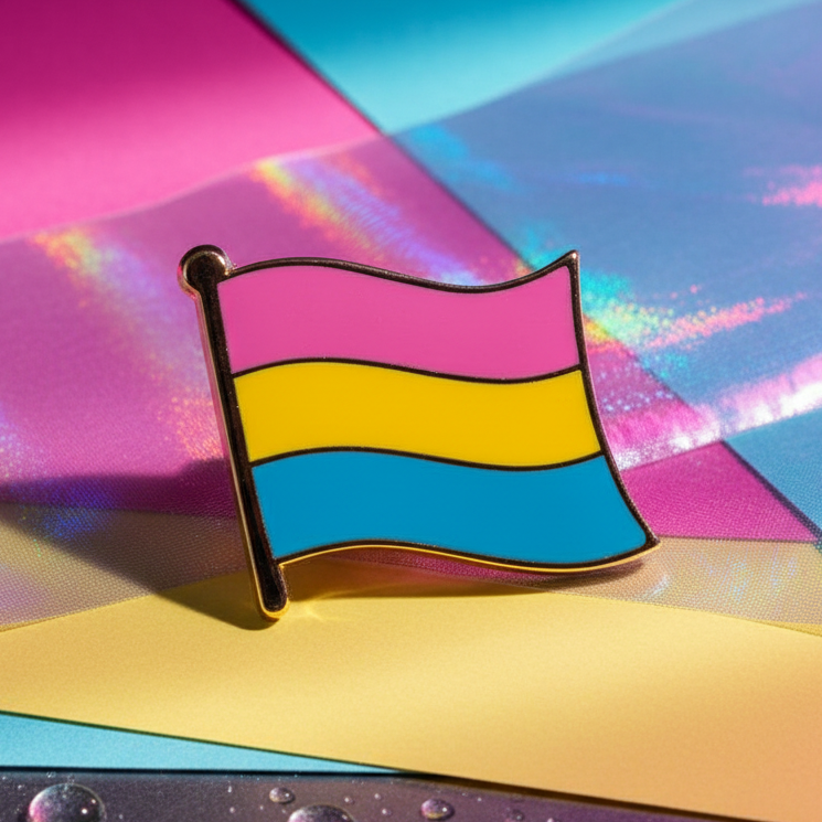 Pansexual pride flag enamel pin displayed on colorful iridescent geometric backgrounds