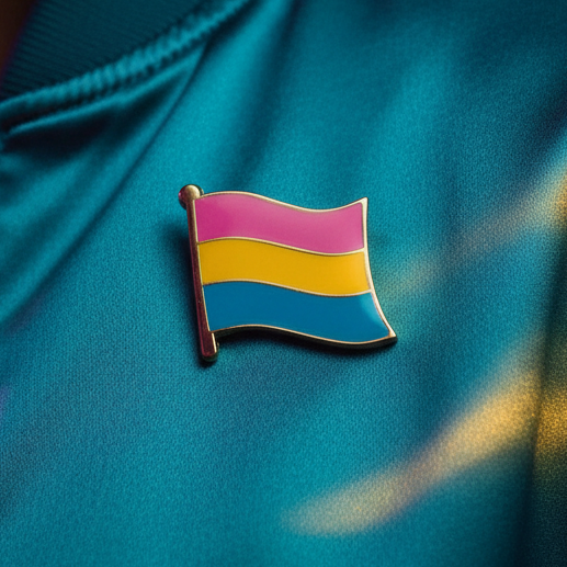 Pansexual pride flag enamel pin with pink, yellow, and blue wavy stripes