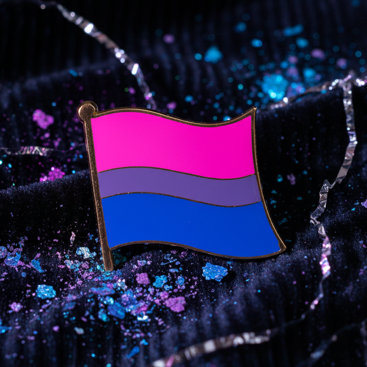 Bisexual Flag Enamel Pin: A vibrant hard enamel pin with hot pink, purple, and royal blue stripes, symbolizing bisexual pride, laid on a glittery, velvet-like surface, celebrating bold queer visibility and self-expression.