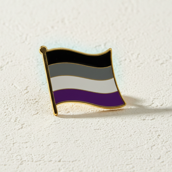 Asexual pride flag enamel pin with black, gray, white, and purple stripes