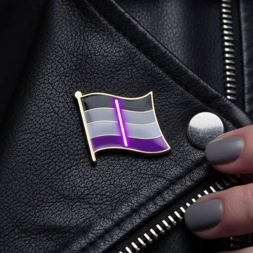 Asexual Flag Enamel Pin on black leather jacket lapel, showcasing pride with bold stripes and vibrant hues. A hand pulls the lapel, embodying empowerment and self-expression.