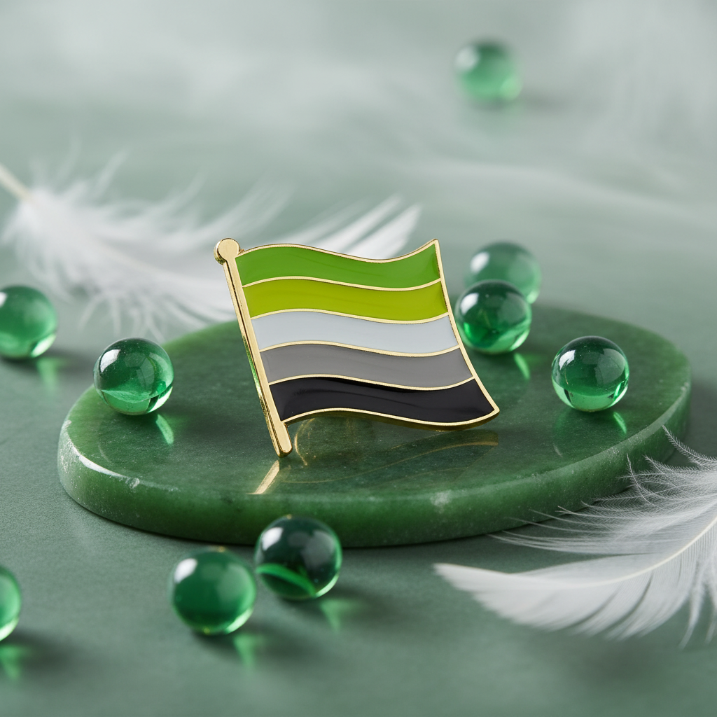 Close-up of an aromantic pride flag enamel pin with gold edging on a green display stone