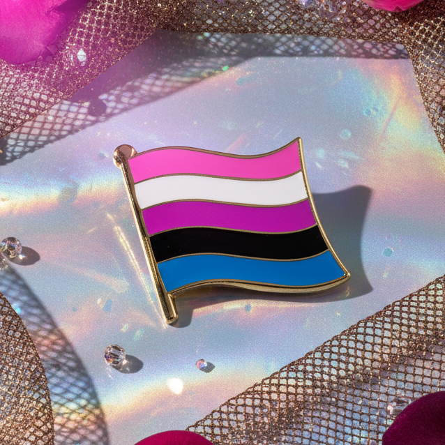 Genderfluid Flag Enamel Pin on a holographic surface, surrounded by sparkly mesh and crystal-like beads, celebrating LGBTQIA+ pride and self-expression with vibrant colors and bold, empowering design.