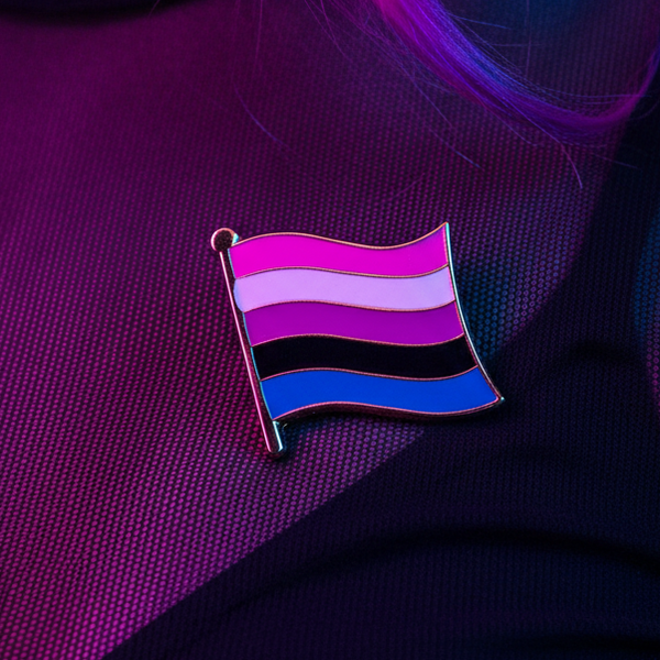 Genderfluid Flag Enamel Pin with vibrant stripes symbolizes pride and self-expression, resting on textured fabric under purple lighting, embodying bold, joyful queer energy. Perfect for celebrating identity.