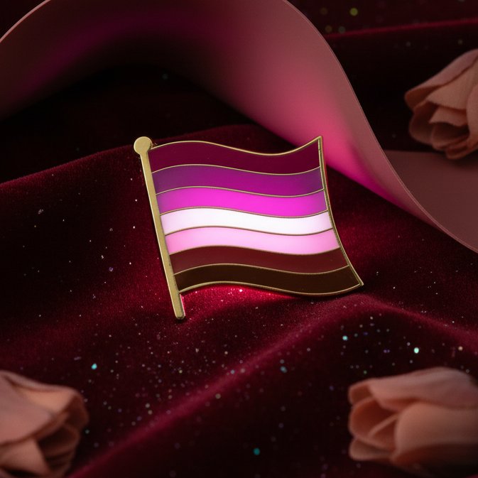 Lesbian Flag Enamel Pin on a red velvet background, surrounded by soft pink fabric, embodying LGBTQIA+ pride with its vibrant pink-to-white stripes edged in gold, celebrating queer identity and empowerment.