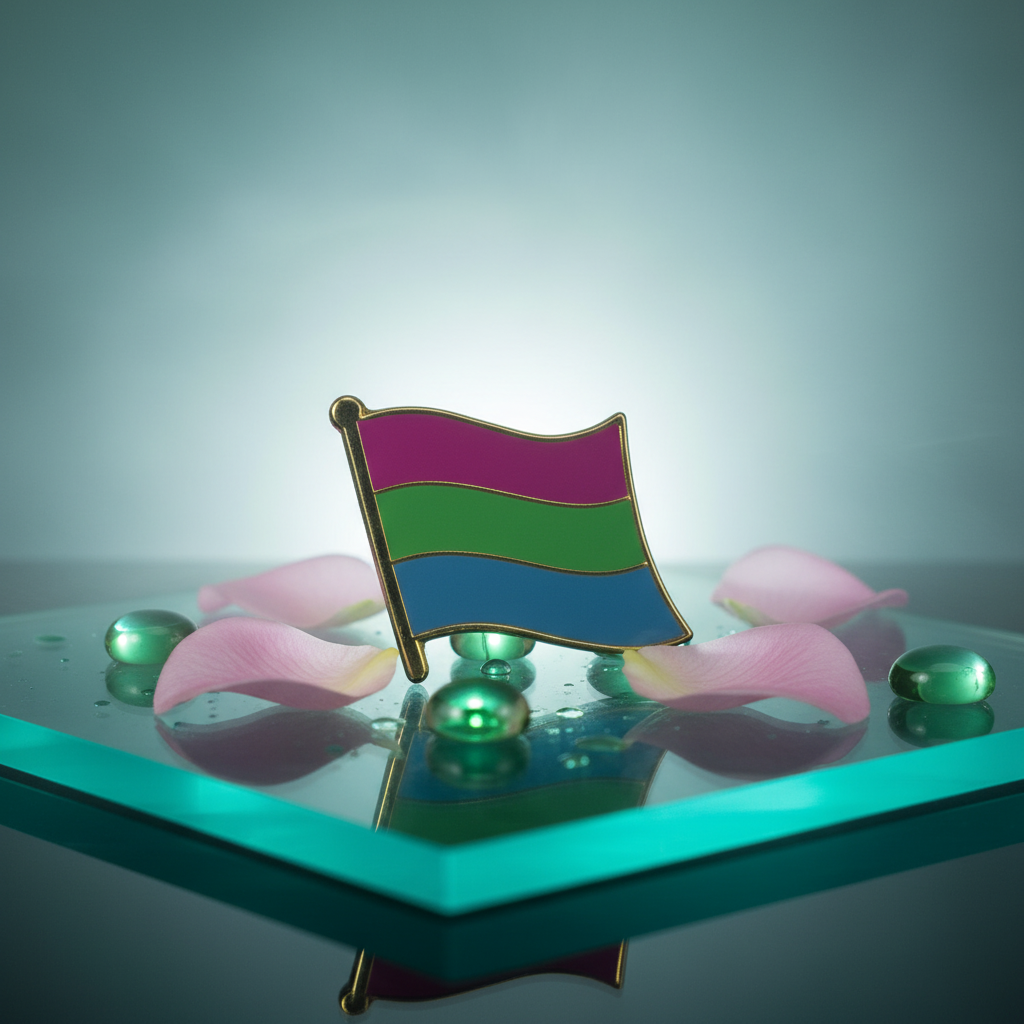 Polysexual pride flag enamel pin displayed with pink petals and green beads
