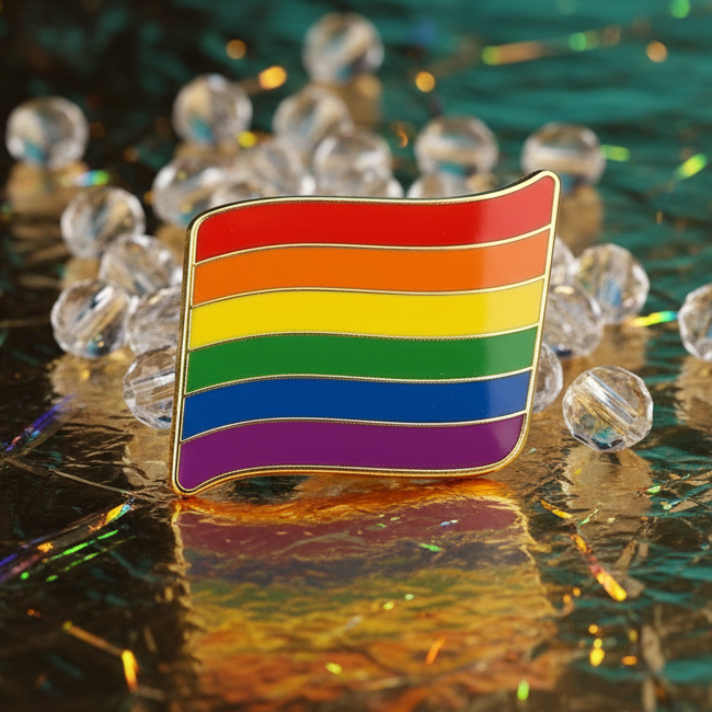 LGBT Flag Enamel Pin shaped like a waving pride flag, resting on reflective foil with clear beads. A vibrant symbol of LGBTQIA+ empowerment and self-expression, perfect for celebrating your fabulous identity.
