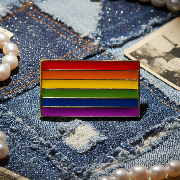 Rainbow LGBT Pride enamel pin with horizontal colored stripes on distressed denim