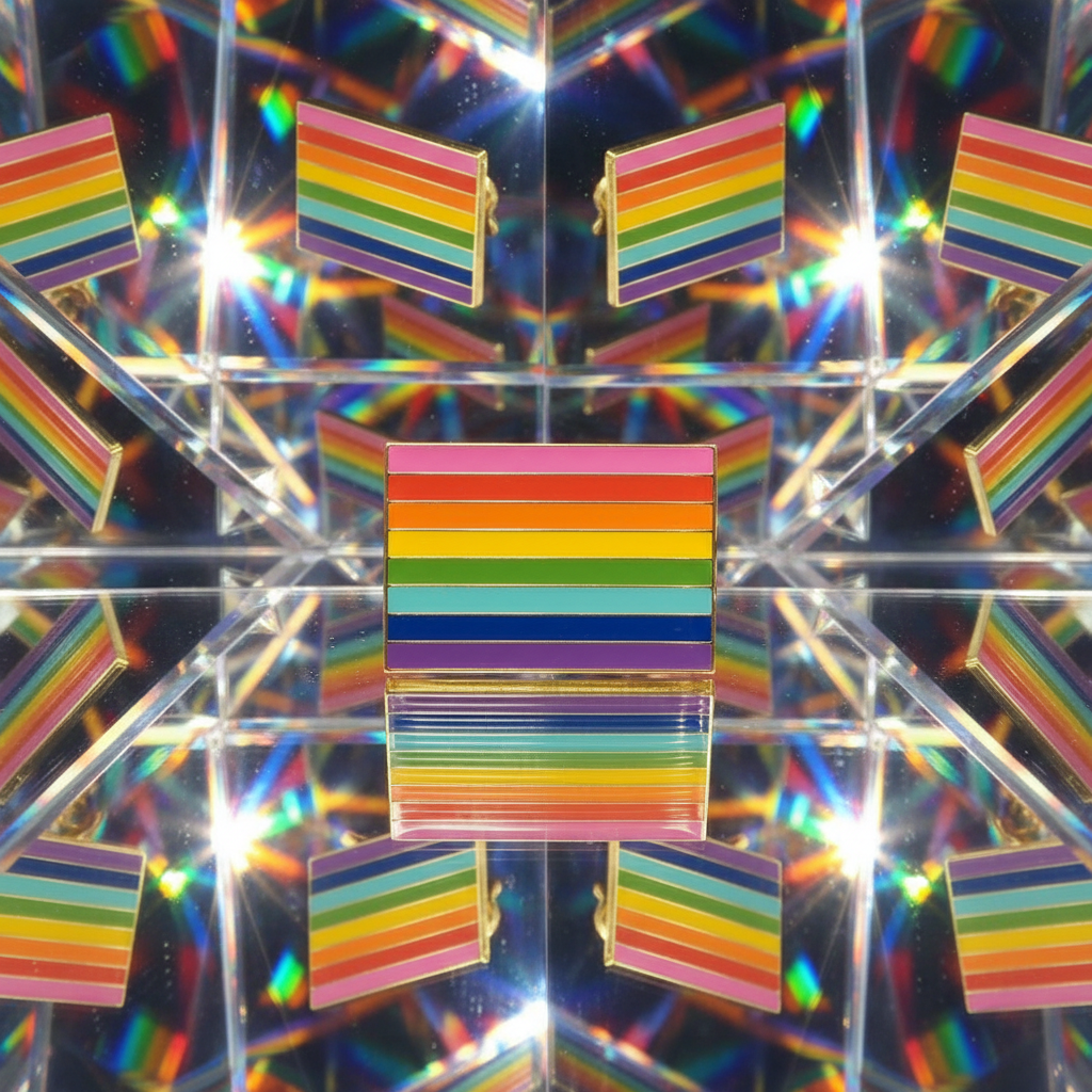 Rainbow LGBT Pride enamel pin displayed against mirrored reflections