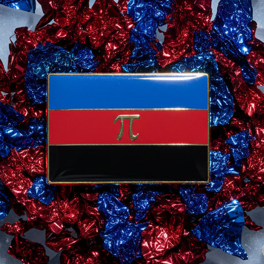 Polyamorous pride enamel pin with blue, red, and black stripes and a gold pi symbol