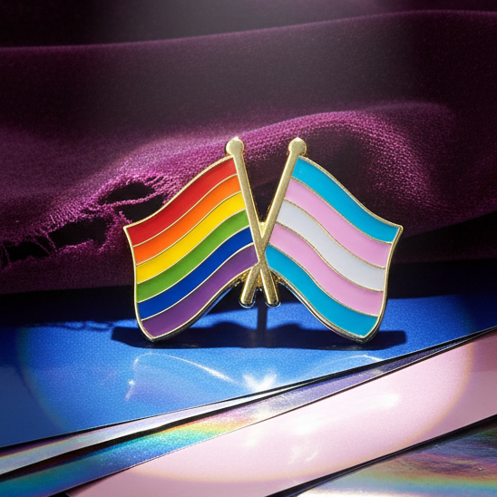 One Community Together - Trans + LGBT Flag Enamel Pin features vibrant, crossed rainbow and transgender flags in glossy enamel with gold-tone edges, set against a colorful, prideful backdrop.