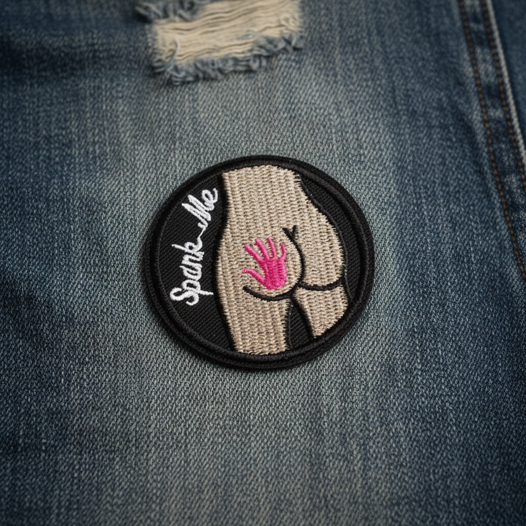 Round iron-on patch with cartoon butt, pink handprint, white "Spank Me" script, black border on distressed blue denim.