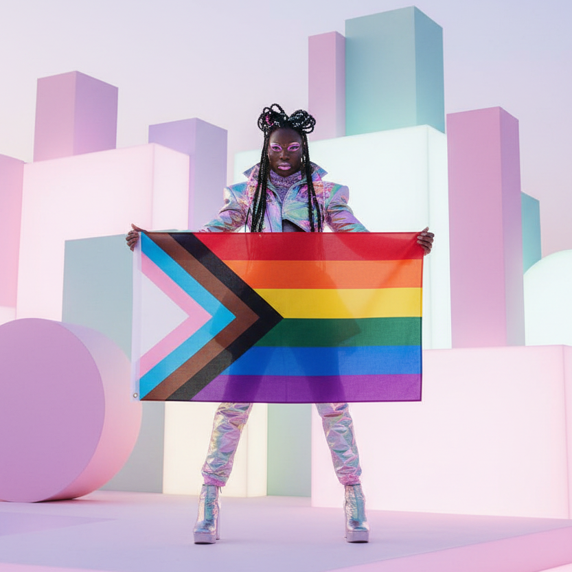 A person in iridescent attire confidently holds the LGBT Progress Pride Flag, symbolizing queer empowerment and inclusivity with its vibrant stripes, embodying pride, visibility, and ongoing revolution.