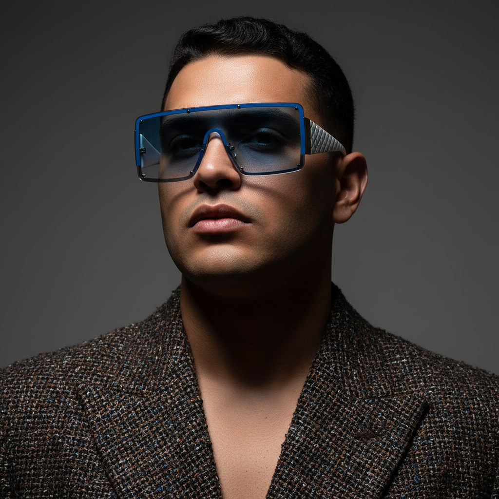 A man with short dark hair wears Oversized Retro Sunglasses and a textured brown blazer, confidently facing a dark backdrop.
