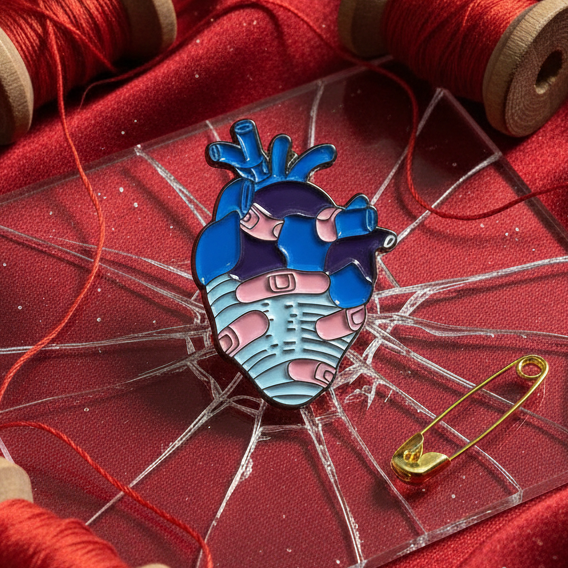 Wounded heart enamel pin shaped like a blue and pink anatomical heart on red fabric