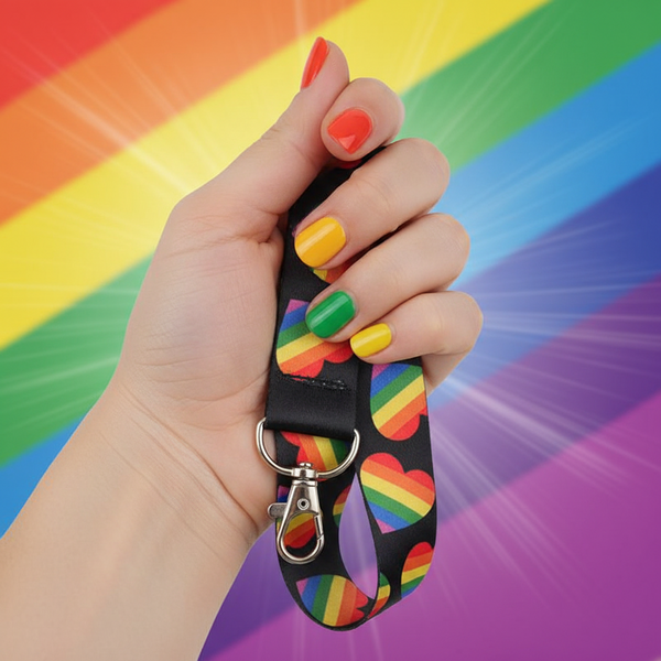 Hand holding a black lanyard with rainbow heart patterns and a metal clasp