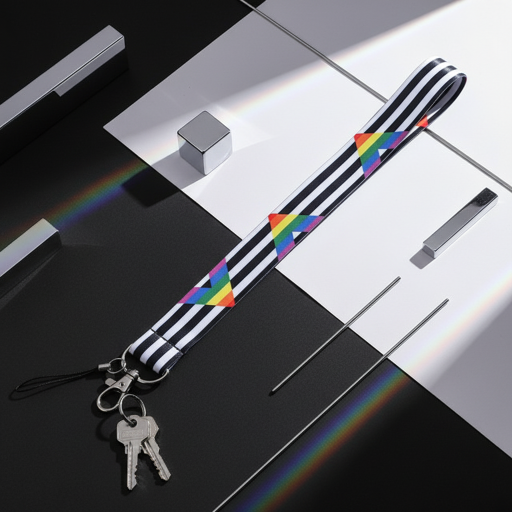 Close-up of a black-and-white striped straight ally lanyard with rainbow triangles and keys