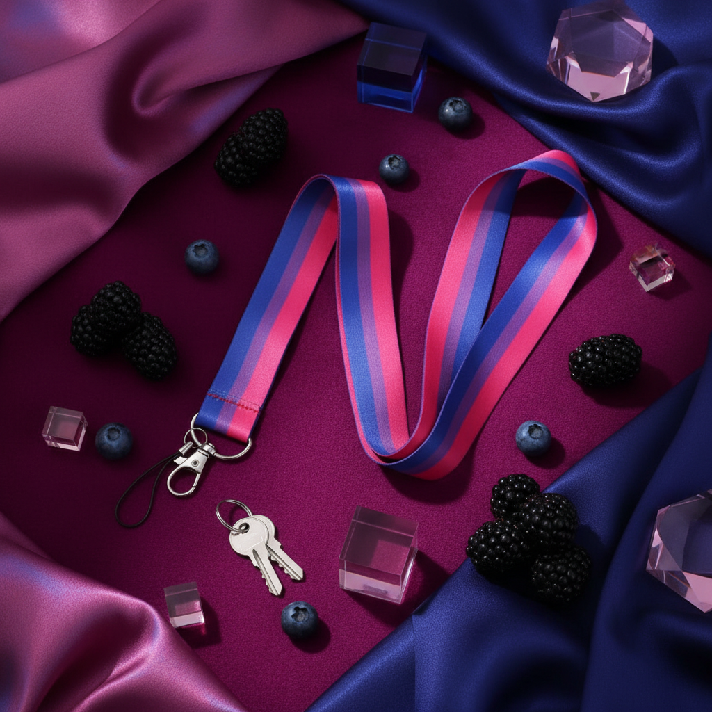 Bisexual pride lanyard with pink, purple, and blue stripes, shown flat with metal clip