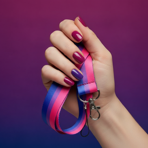 Pink, purple, and blue bisexual pride lanyard held by a hand, with metal clip and key ring
