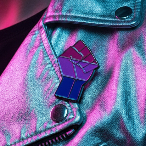 Bisexual Power Enamel Pin, a vibrant metallic lapel accessory, showcases a clenched fist in bisexual pride colors pinned to a shiny leather jacket, illuminated by neon teal and magenta lighting, embodying empowerment and visibility.