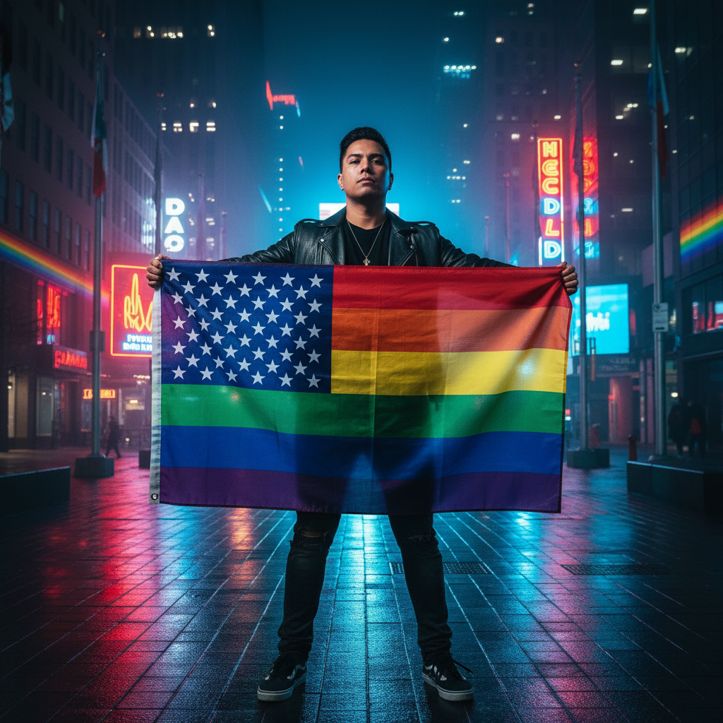 A person holds the USA Gay Pride Flag, blending U.S. and rainbow designs, on a neon-lit street, embodying queer empowerment and visibility in a leather jacket and dark jeans.