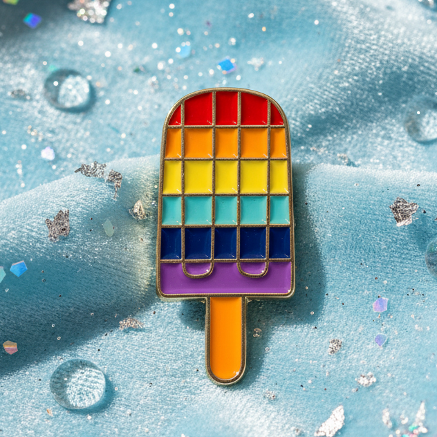 Rainbow Popsicle Enamel Pin with a vibrant grid of rainbow squares and an orange stick, photographed on a sparkly blue fabric. Celebrate LGBTQIA+ pride and self-expression with this fierce, empowering accessory.