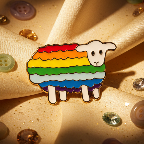 Rainbow Sheep Enamel Pin featuring a cartoon sheep with rainbow-striped body, white head and legs, symbolizing pride and self-expression. Set on cream fabric, it celebrates LGBTQ+ uniqueness and empowerment.