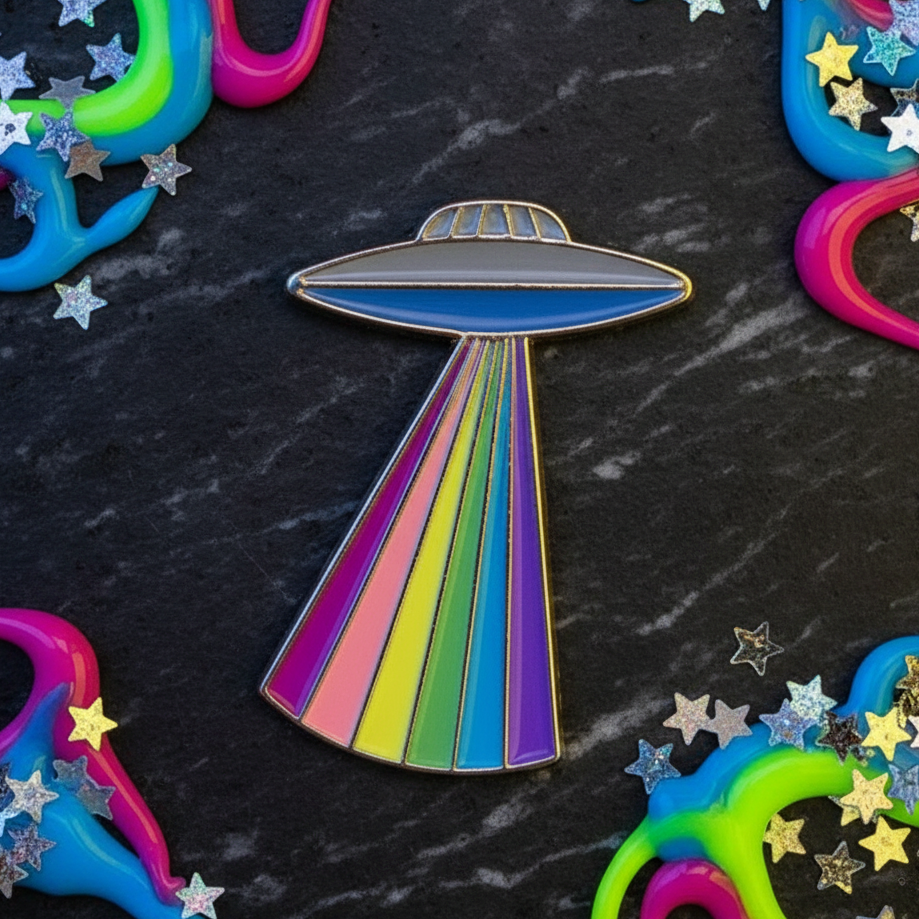 UFO Rainbow Enamel Pin beams vibrant rainbow light, symbolizing LGBTQIA+ pride, pinned on iridescent foil. Perfect for expressing fierce, proud self-expression from Queer In The World.